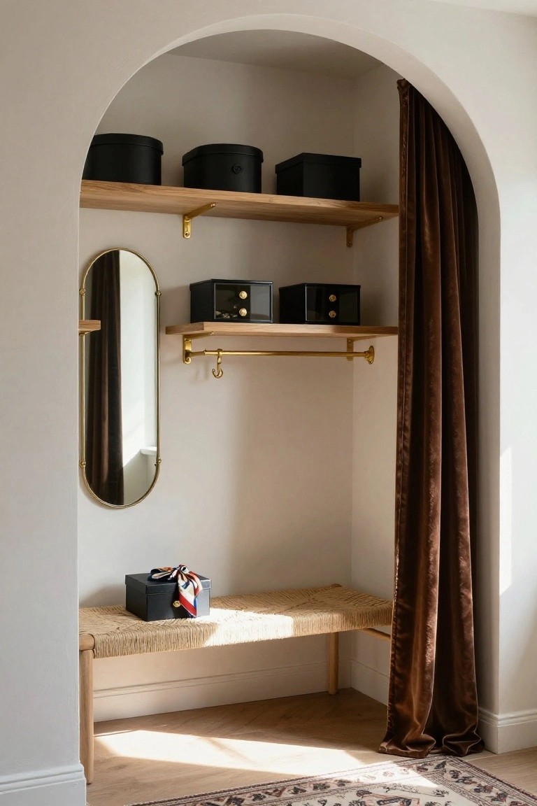 Arched interior alcove with oak shelves holding black boxes, gold hanging rod and mirror, rattan bench with navy gift box, burgundy velvet curtain, on beige walls with wood floors and patterned rug.