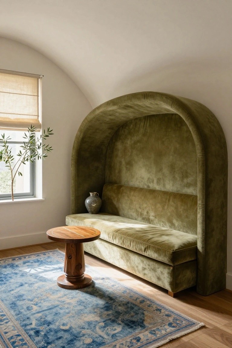 Arched alcove with green velvet bench seat, small wooden pedestal table, blue rug, gray vase on bench, and potted olive tree by window in white-walled room with wooden floor.
