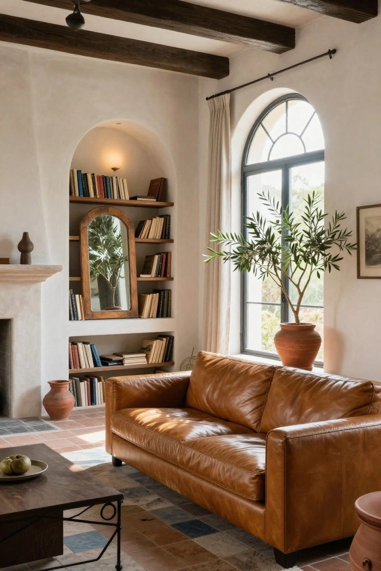 White stucco living room with exposed wood beam ceiling, tan leather sofa, arched wall niche containing wood bookshelves and tall arched mirror reflecting potted olive tree, terracotta pots, and arched window.