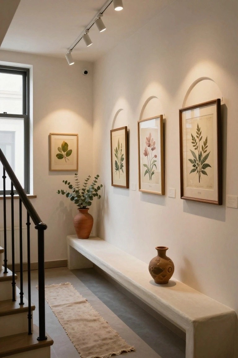 White interior hallway with three arched wall niches displaying framed botanical prints of plants and flowers, a built-in stone bench, two terracotta pots with plants, a woven rug on the floor, black metal staircase, and track lighting overhead.