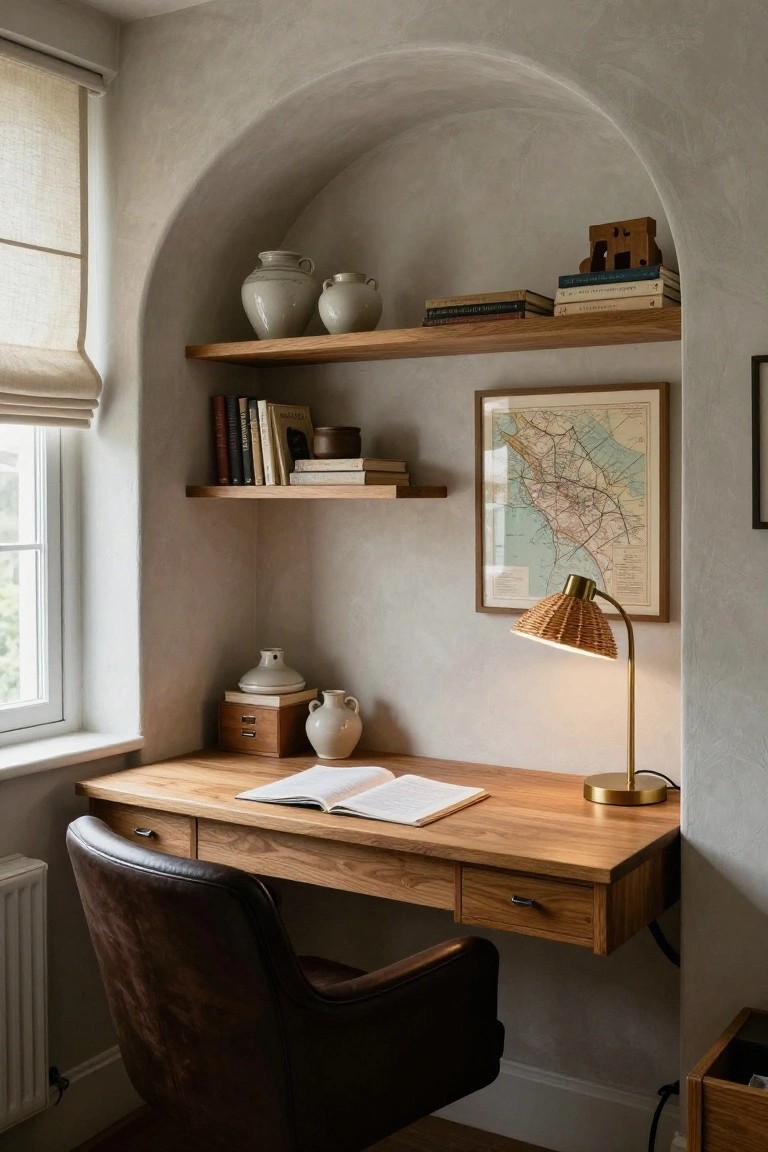 Arched plaster wall niche with wooden floating shelves holding books, ceramic pots, and jars, a wooden desk with an open book, a leather desk chair, rattan desk lamp lit up, and a window with blinds nearby.