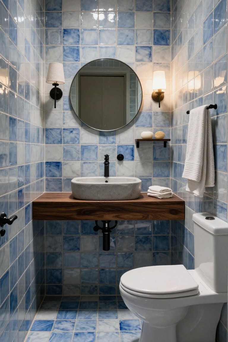 Compact powder room with walls and floor covered in glossy blue tiles in varying shades, floating walnut wood vanity holding a white vessel sink and black faucet, round mirror flanked by sconces, white toilet, towel bar, and soap shelf.