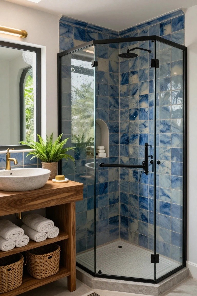 Modern bathroom with corner glass shower enclosure featuring blue veined tiles on walls, wooden vanity holding white stone sink and gold faucet, folded towels, potted ferns, and blue tiled accents.