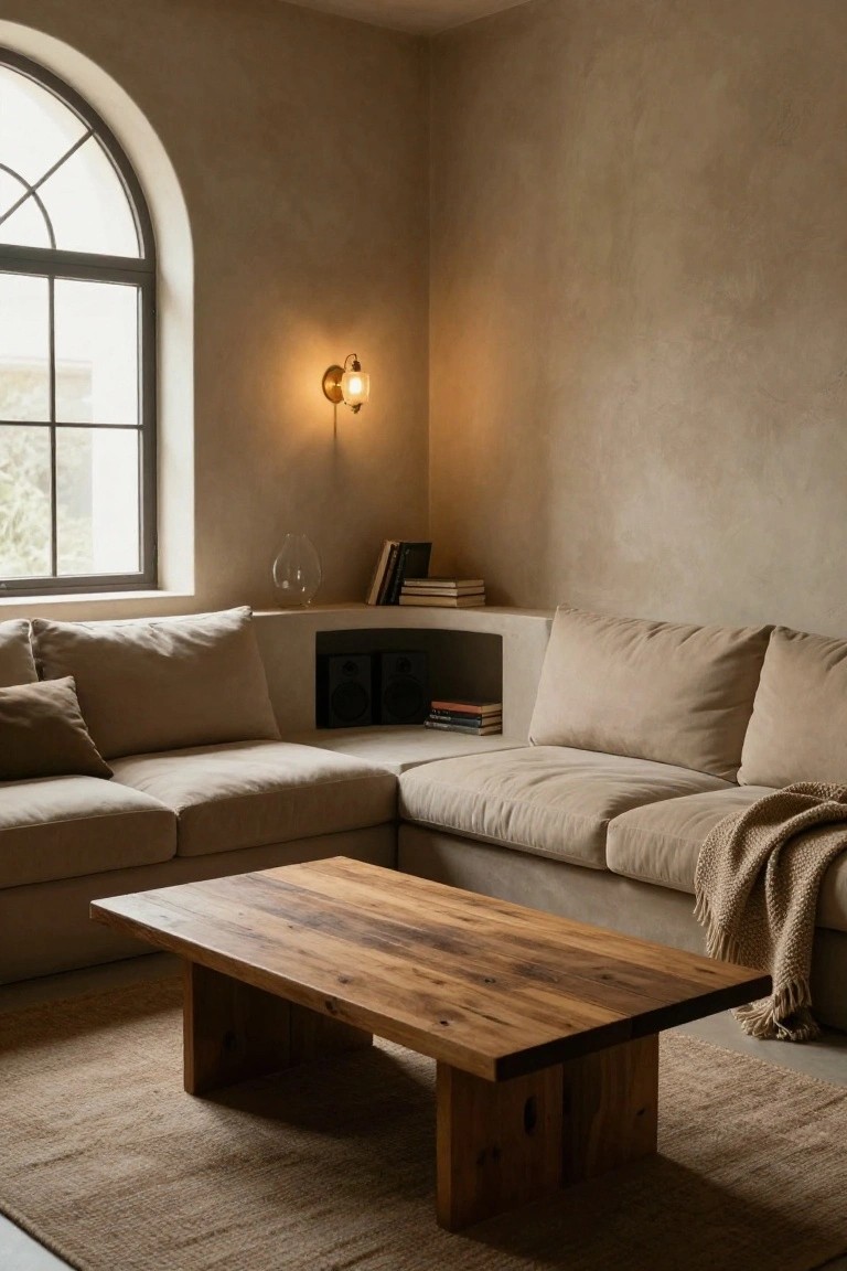 Corner living room with L-shaped beige sofa against textured plaster walls, built-in shelves holding books and speakers, low wooden coffee table, seagrass rug, and arched window.