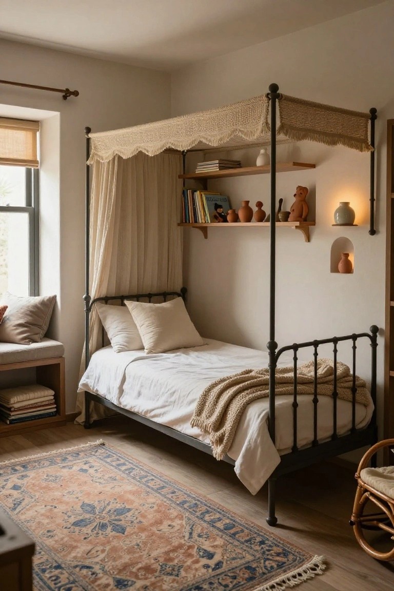 A single bed with black metal frame and beige fabric canopy in a light bedroom, flanked by open wooden shelves holding books, pottery, and a teddy bear, with a window, bench, and patterned rug.