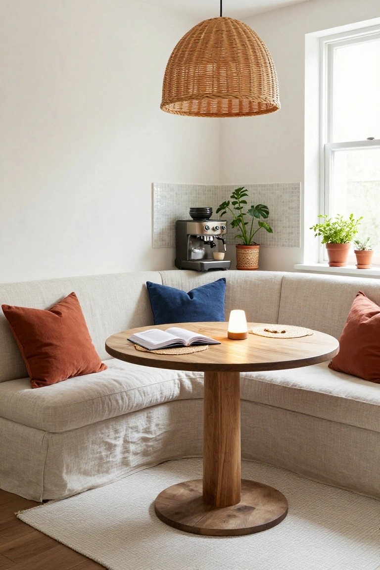 Corner L-shaped bench with beige linen slipcovers, rust and blue pillows, and a round wooden pedestal table holding an open book, small lamp, and coasters, next to a window with plants and an espresso machine on a tiled wall.
