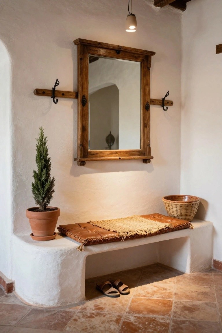 White stucco entryway corner featuring a curved built-in bench with brown leather cushion and beige woven mat, wooden-framed mirror with coat hooks mounted above, potted cypress tree, woven basket, and flip-flops on terracotta tile floor.