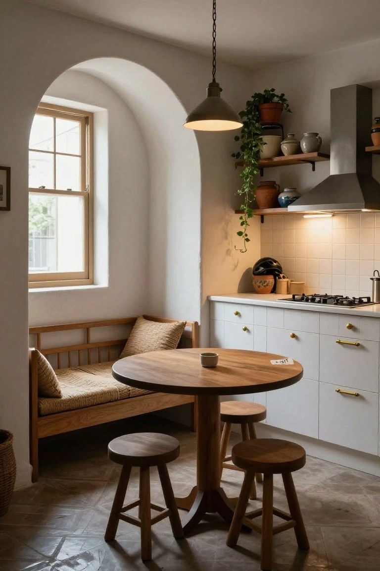 Kitchen corner with wooden bench seat and cushions, round wooden table, two wooden stools, white cabinets with gold handles, arched window, hanging plants, and shelves with pottery.