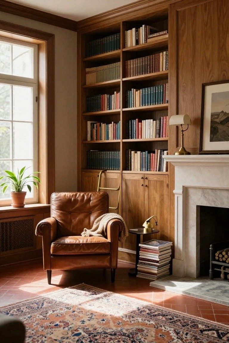 Cozy library with leather armchair, wooden bookshelves, fireplace, and patterned rug.