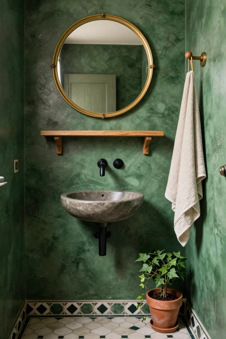 Small bathroom with emerald green textured plaster walls, round gold-framed mirror, wooden shelf, black wall-mounted faucet and drain on gray stone vessel sink, white towel on brass hook, ivy plant in terracotta pot on floor, and black-and-white diamond-patterned tile floor.
