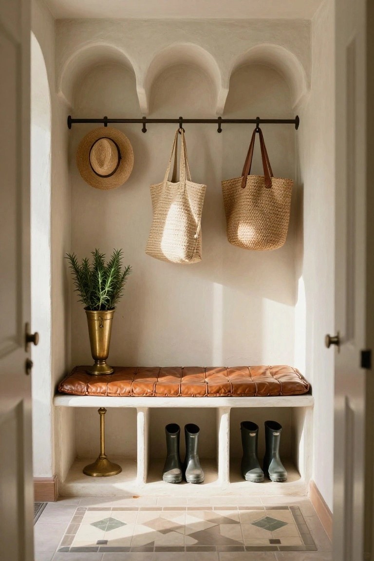 White arched alcove with tan leather bench on built-in base, brass vase holding rosemary plant, rail above holding straw hat and woven bags, green rubber boots in cubbies below, flanked by open wooden doors over tiled floor.