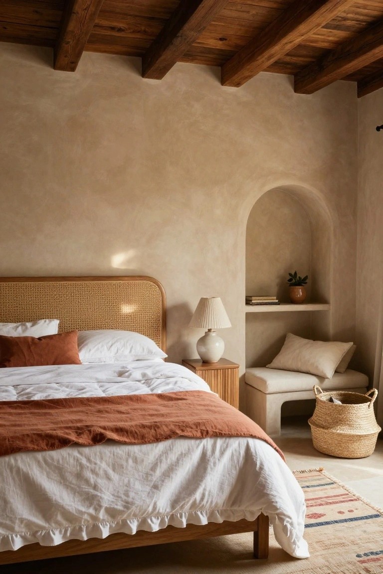 Bedroom interior featuring exposed dark wooden ceiling beams, beige textured plaster walls with an arched niche containing a white lamp and potted plant, rattan headboard on a bed with white linens and rust-colored throw, wood side table, cushioned bench, and woven basket.