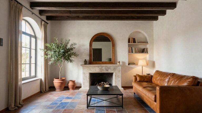 24 Gorgeous Modern Spanish Colonial Interior Design Looks You’ll Love White stucco living room with exposed wood beam ceiling, tan leather sofa, arched wall niche containing wood bookshelves and tall arched mirror reflecting potted olive tree, terracotta pots, and arched window.
