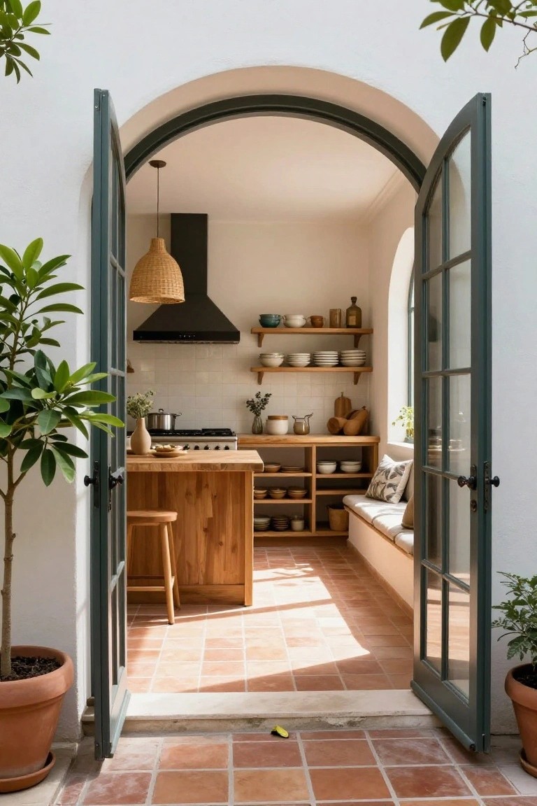 Open arched green-paned doors reveal a white kitchen with wooden island, open shelving, black range hood, and plants on a terracotta-tiled patio.