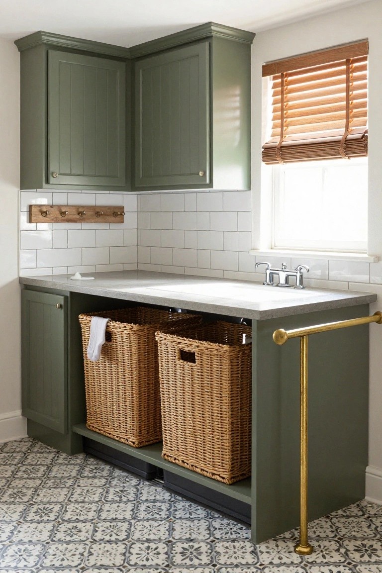 Green cabinetry laundry room featuring white subway tile backsplash, countertop sink with chrome faucet, open pull-out wicker laundry baskets under the counter, brass towel bar, and patterned tile floor.