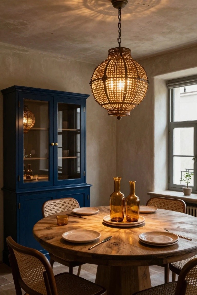 Rustic wooden dining table with blue cabinet, woven chairs, and glowing rattan pendant light.