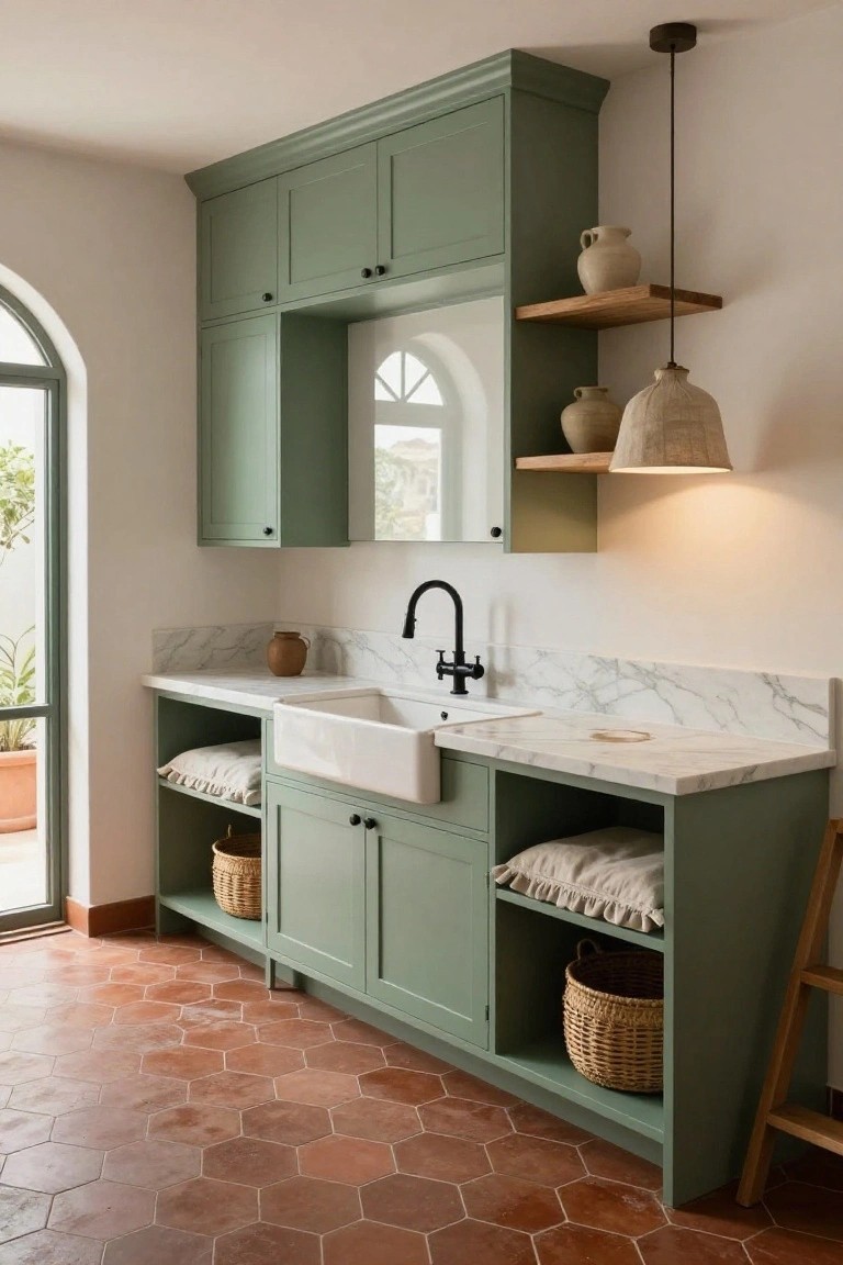 Laundry room interior with sage green upper and lower cabinets, white farmhouse sink, marble countertops and backsplash, terracotta hexagonal tile floor, open shelves holding pottery and baskets, and an arched window with plants outside.