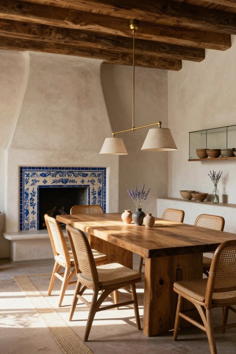 Dining room featuring beige adobe walls, exposed wood ceiling beams, a fireplace with blue Talavera tile surround, wooden dining table with rattan chairs, and shelves holding pottery and lavender.