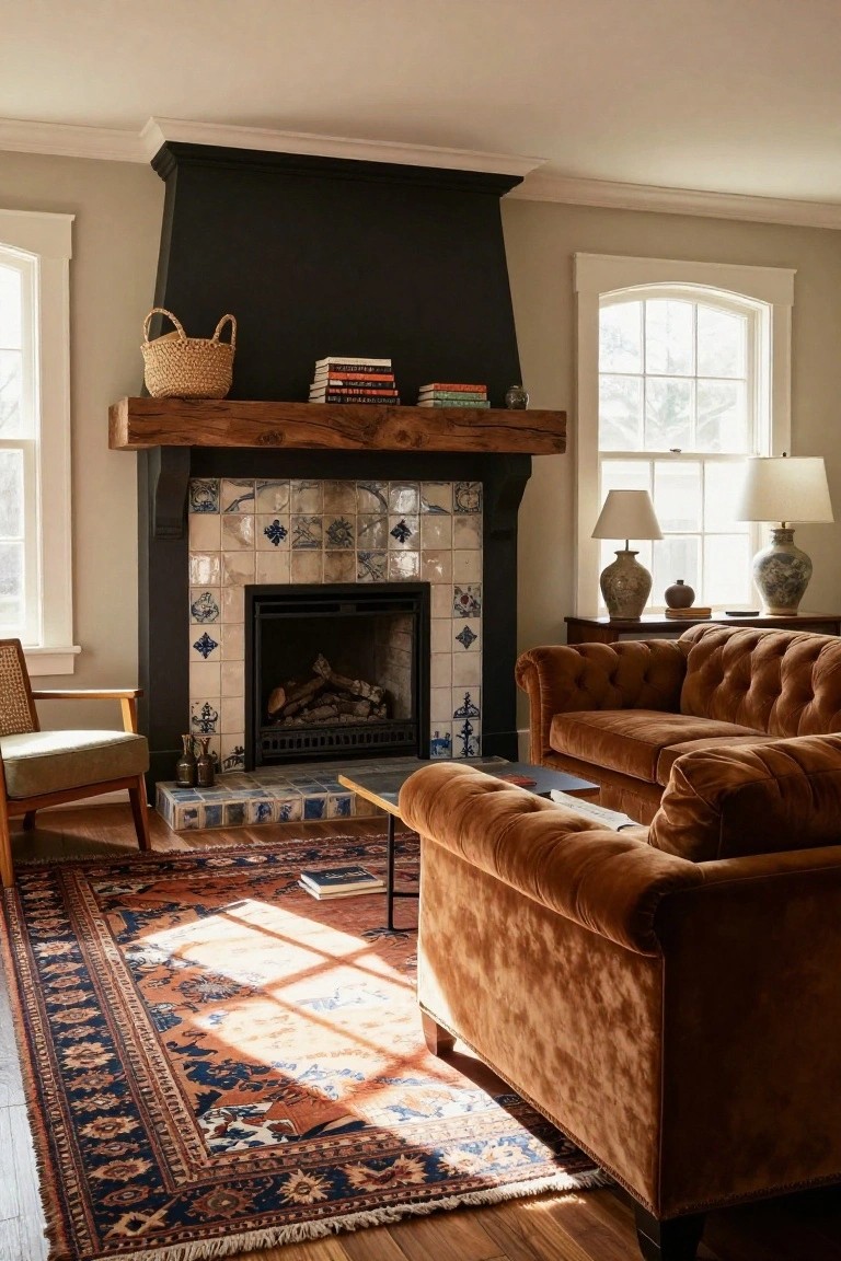 Cozy living room with black fireplace surround featuring blue-and-white decorative tiles, rough wood beam mantel, tufted brown sofa, rattan armchair with green cushion, low table, Persian rug, lamps, books, vase, basket, and tall windows.