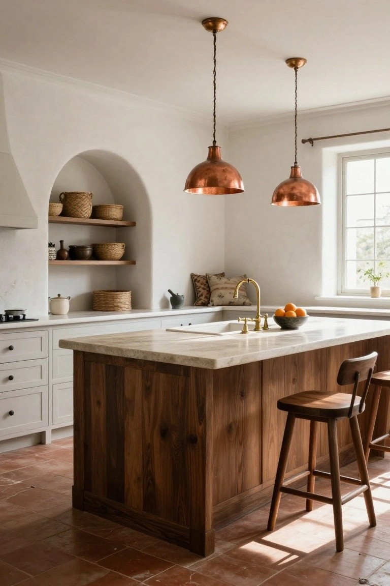 Kitchen interior with white shaker cabinets, light marble island countertop, dark wood island base with two wooden stools, arched white niche with woven baskets and pottery, copper pendant lights, gold faucet at sink, and terracotta tile floor.