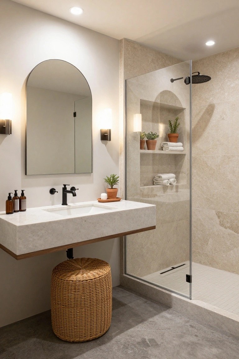Modern bathroom with floating white stone vanity and black faucet, arched black-framed mirror with wall sconces, glass shower enclosure featuring beige stone walls and niche shelves with plants and towels, woven rattan stool, and potted greenery on gray tile floor.