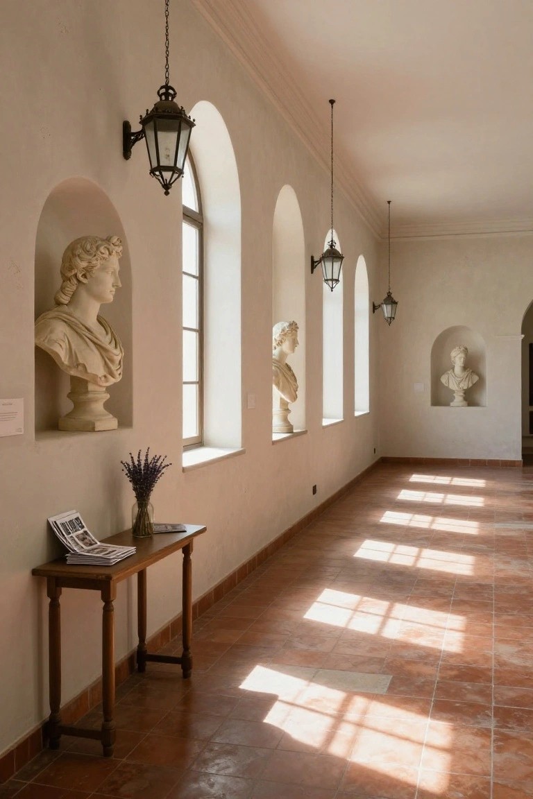 Long interior hallway with beige walls, arched niches holding white marble busts of draped figures, hanging and wall lanterns, tall multipane windows, terracotta tile floor with sunlight beams, and wooden console table holding lavender bouquet and stacked magazines.