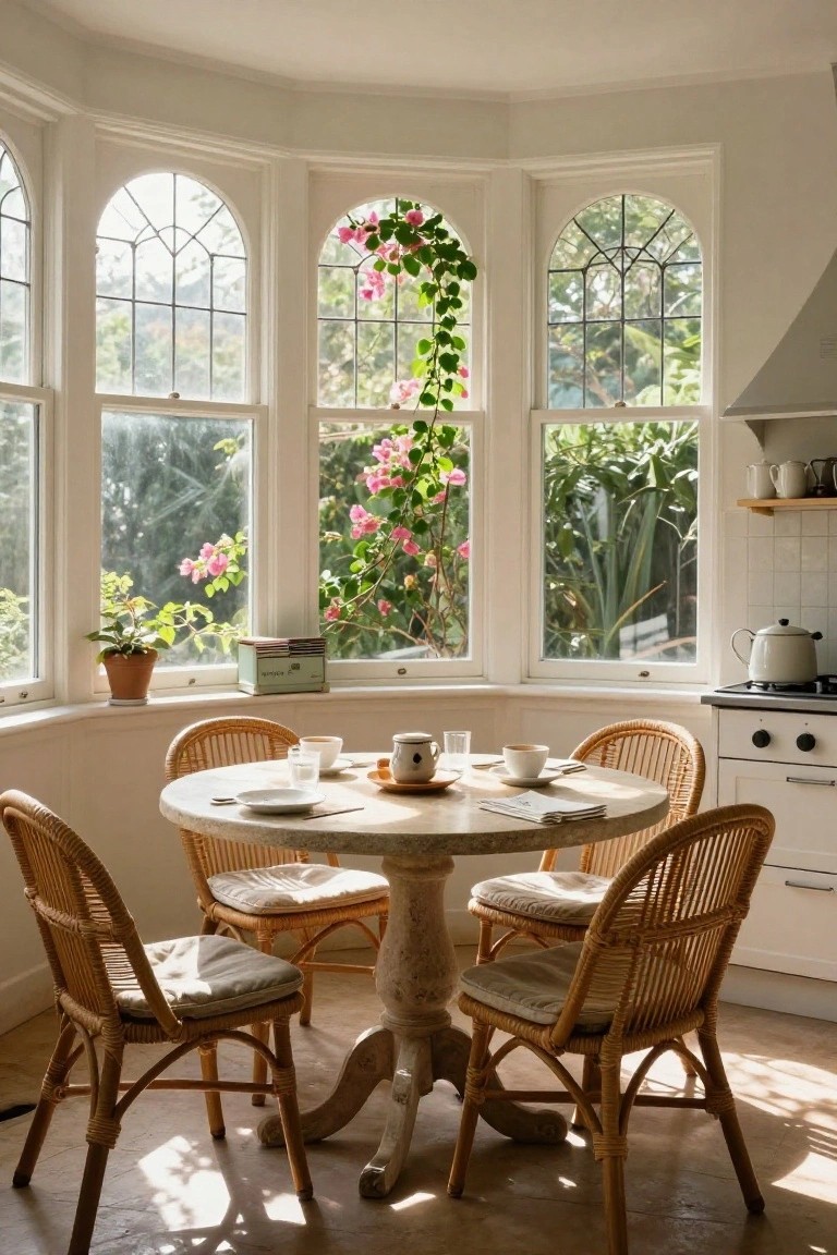 Bay window kitchen nook with four rattan chairs around a round stone table set with teacups and plates, three large arched leaded-glass windows showing pink bougainvillea and garden outside, white cabinetry and stove nearby.