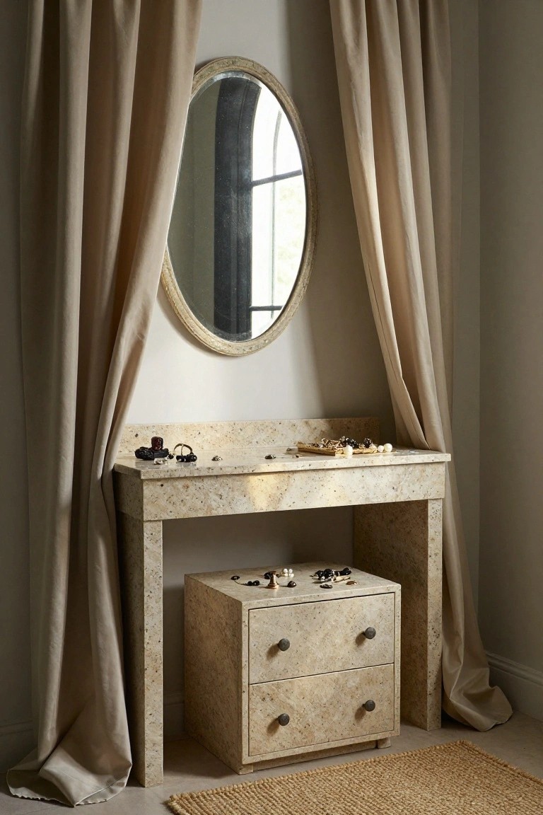 Light beige stone console table used as a vanity with jewelry trays and items on top, small matching two-drawer chest below, oval mirror mounted above, flanked by draped beige curtains, seagrass rug on floor in a white-walled room.