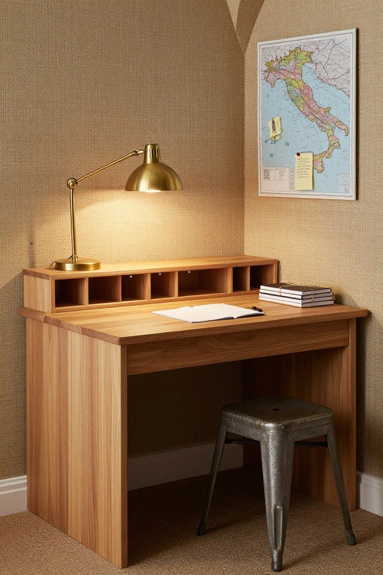 Wooden corner desk with upper cubbies, gold adjustable desk lamp, open notebook, stacked books, and metal stool in a beige-walled room with map of Italy on wall.