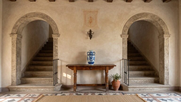 Arched stone doorway with steps leading upward inside, rustic wooden bench and stool with blue porcelain vase on left, olive tree in terracotta pot on right, terracotta tile floor with woven rug.