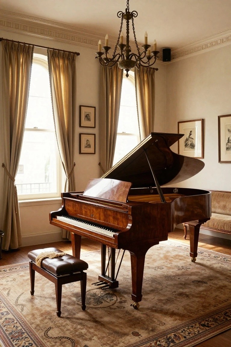 Sunlit interior room with open grand piano centered on patterned rug, leather piano stool with draped fabric, beige sofa, tall arched windows with drapes, chandelier, and framed artwork on walls.