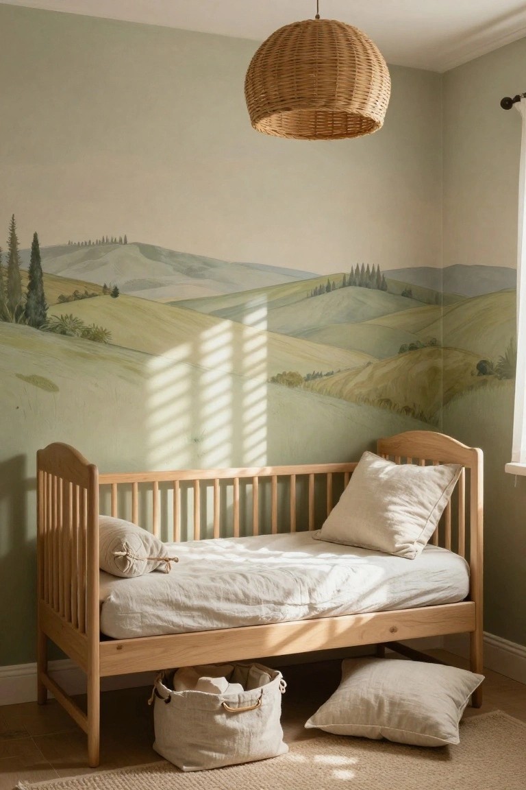 Child's bedroom corner with wooden crib, white bedding and pillows, woven storage basket, rattan pendant light, and walls featuring a painted mural of green hills, cypress trees, and fields with sunlight through window blinds.