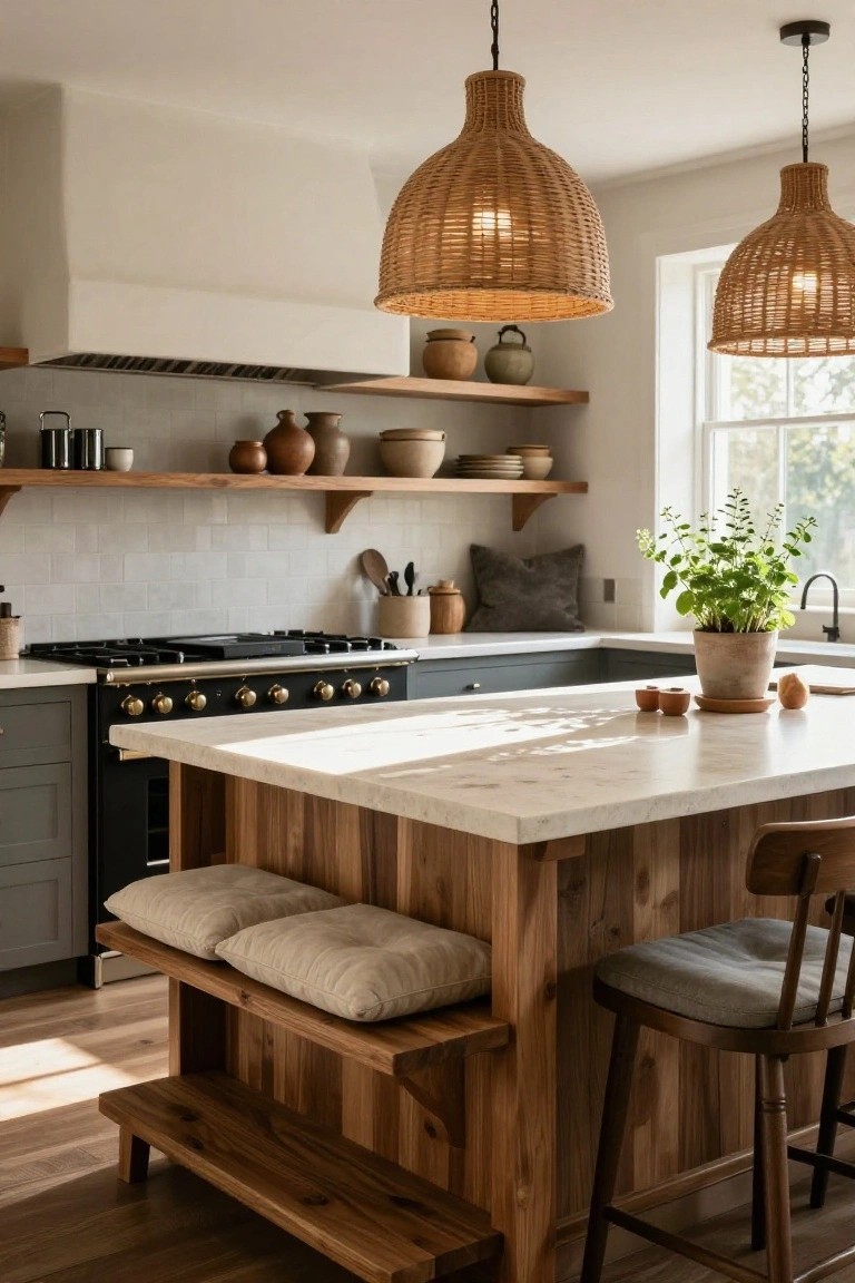 A kitchen with dark green cabinets, white range cooker, wooden open shelves with pottery, central island of white stone on wooden base with cushioned benches and step stool, and rattan pendant lights.