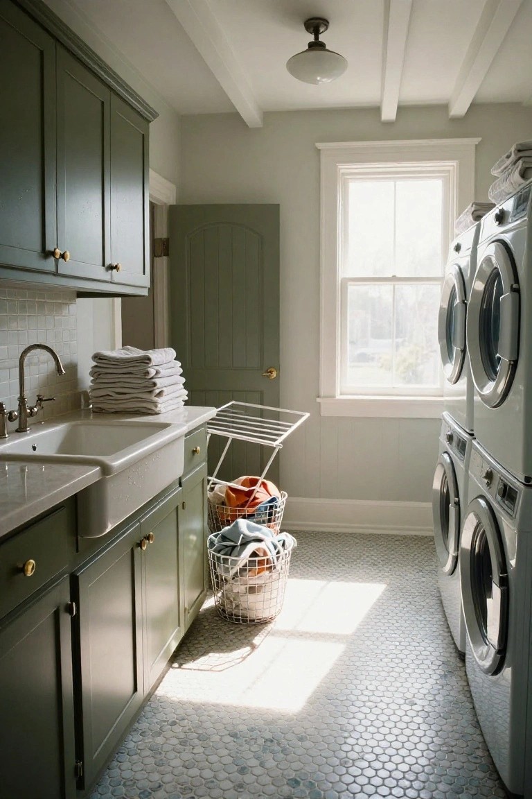 Laundry room interior with sage green shaker cabinets, white farmhouse sink, brass hardware, stacked white washer and dryer, drying rack with clothes, laundry baskets, and light gray hexagon tile floor lit by a window.