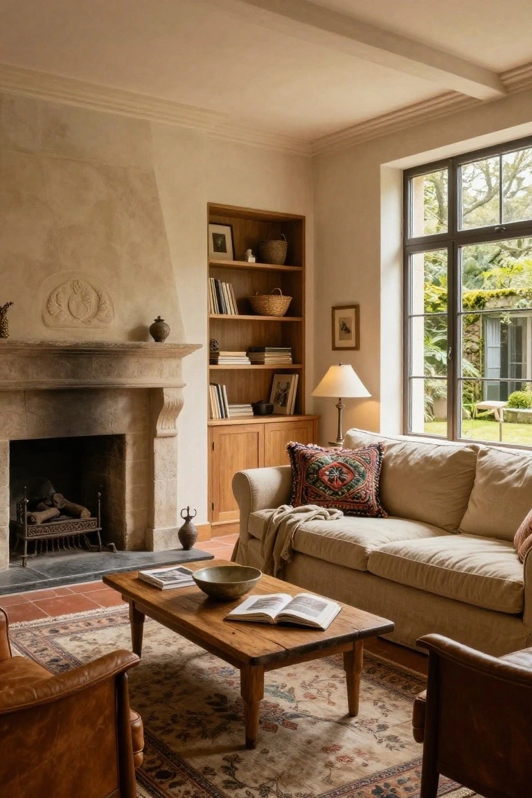 A living room interior with a large carved stone fireplace, neutral linen sofa with patterned pillow, wooden coffee table on a patterned rug, leather armchairs, bookshelves, and window viewing a garden.