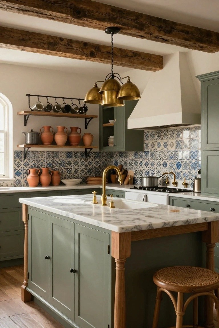 Kitchen with sage green cabinets and island topped by white marble, blue and white tile backsplash, brass faucet and fixtures, wooden ceiling beams, open shelving with terracotta pottery, and a rattan stool.