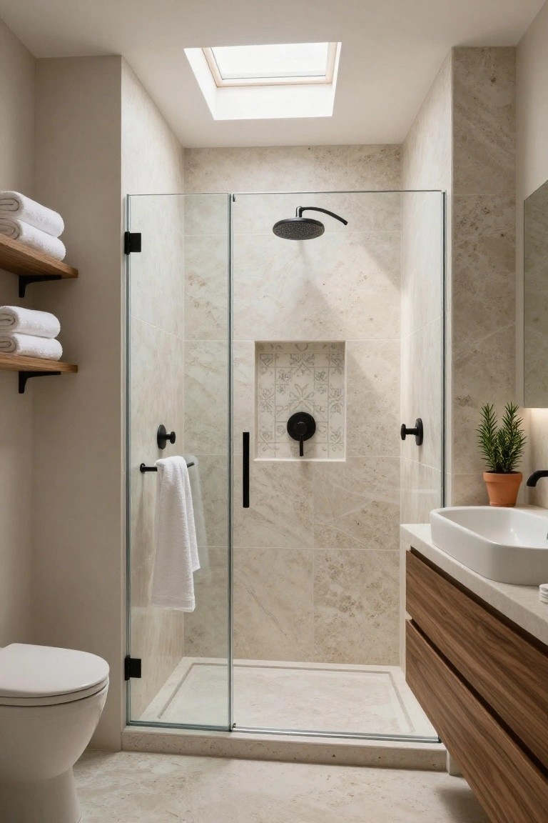 Modern bathroom interior with beige marble-look tile walls, frameless glass shower enclosure containing a decorative tiled niche, wooden wall-mounted vanity, white toilet, and skylight overhead.