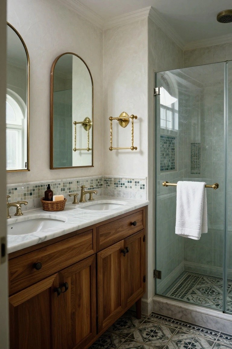 A bathroom interior with a double walnut wood vanity topped in white marble, brass faucets and hardware, two arched gold-framed mirrors, a wicker basket on the counter, and a glass shower enclosure with mosaic tile details and patterned floor tiles.