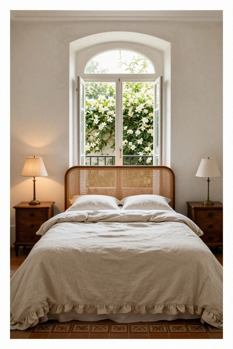 A sunlit bedroom featuring a bed with curved rattan headboard and white linen duvet, flanked by wooden nightstands with lamps, large open arched windows with white flowering vines outside, white walls, and terracotta tile floor.
