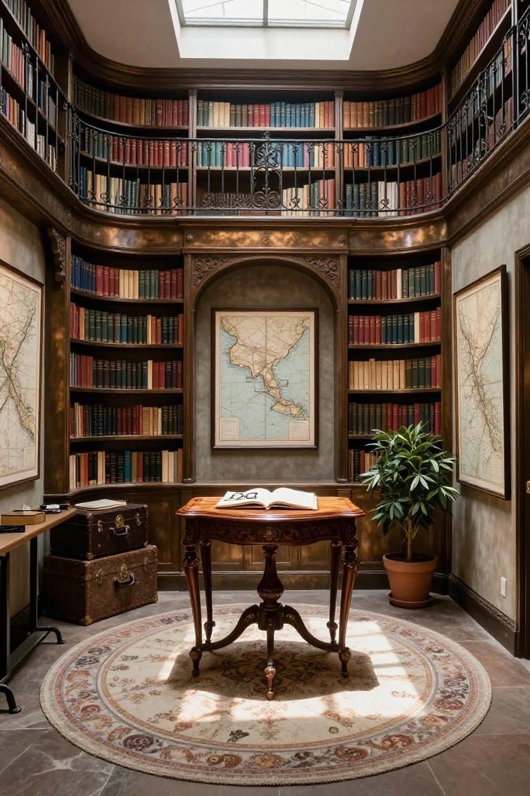 Curved wooden bookshelves fill the walls of an octagonal interior library room with a central antique desk on a rug, framed maps, potted plant, skylight above, and leather suitcases nearby.