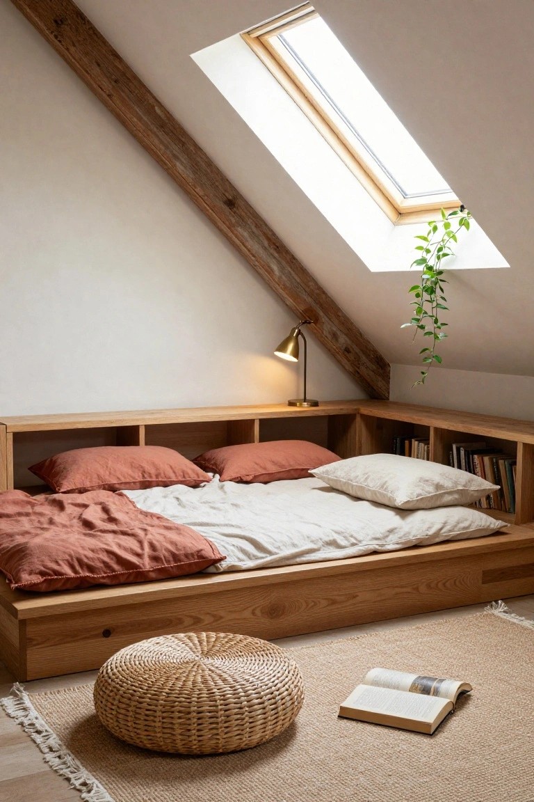 Attic bedroom with low wooden platform bed built into open shelves under sloped wooden ceiling, skylight overhead with hanging plant, gold desk lamp lit, woven pouf on seagrass rug, open book nearby.