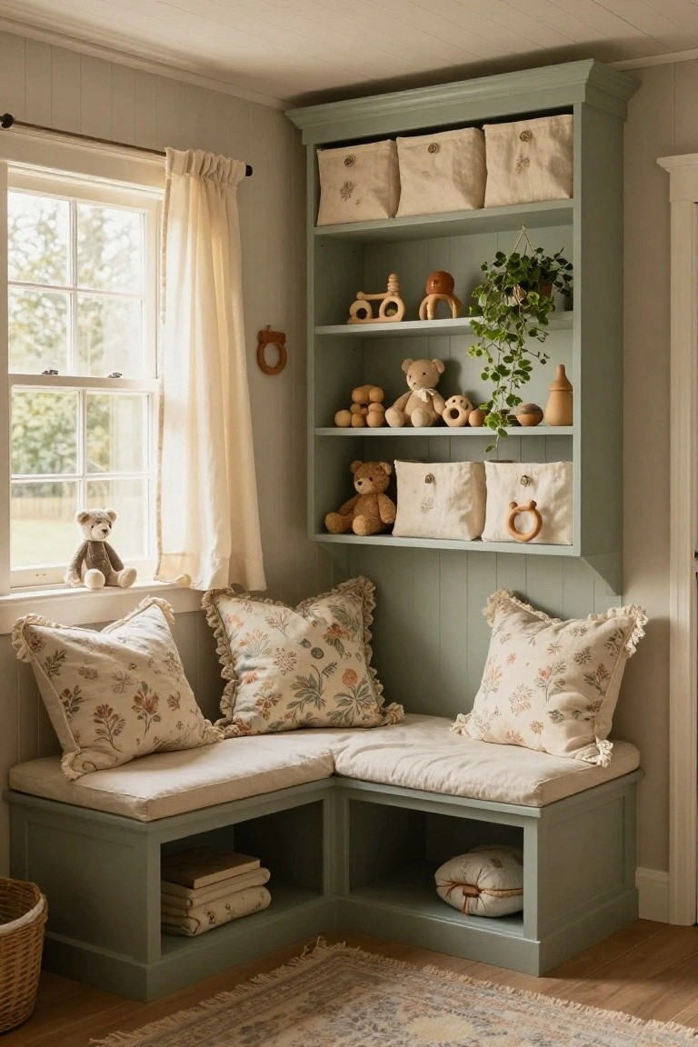Sage green built-in corner shelving unit with toy storage, stuffed animals, cushions on a window bench seat, and baskets in a light-colored room with a window view.