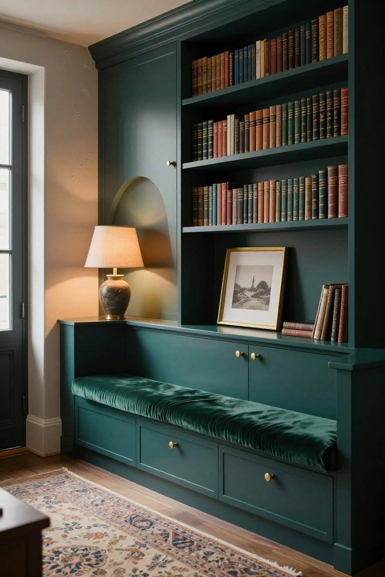 Corner built-in cabinetry painted deep green with bookshelves, drawers, a velvet-upholstered bench seat, brass knobs, a table lamp on a shelf, framed black-and-white photo, and books arranged on shelves in a room with a door and Persian rug on wood floor.