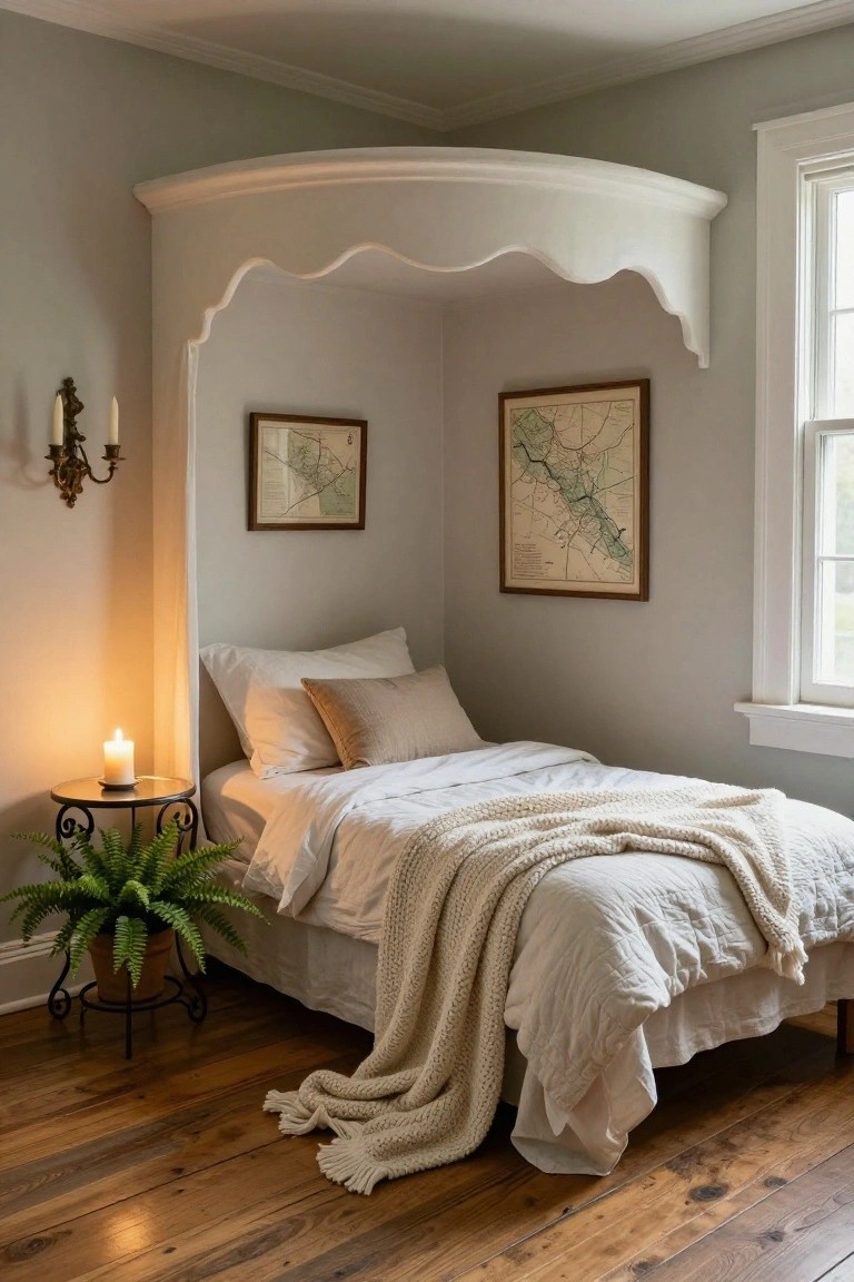 Corner twin bed under white scalloped arched canopy in pale gray room with white bedding, knit throw, side table holding fern plant and candle, framed maps on walls, wall sconce, window, and hardwood floors.