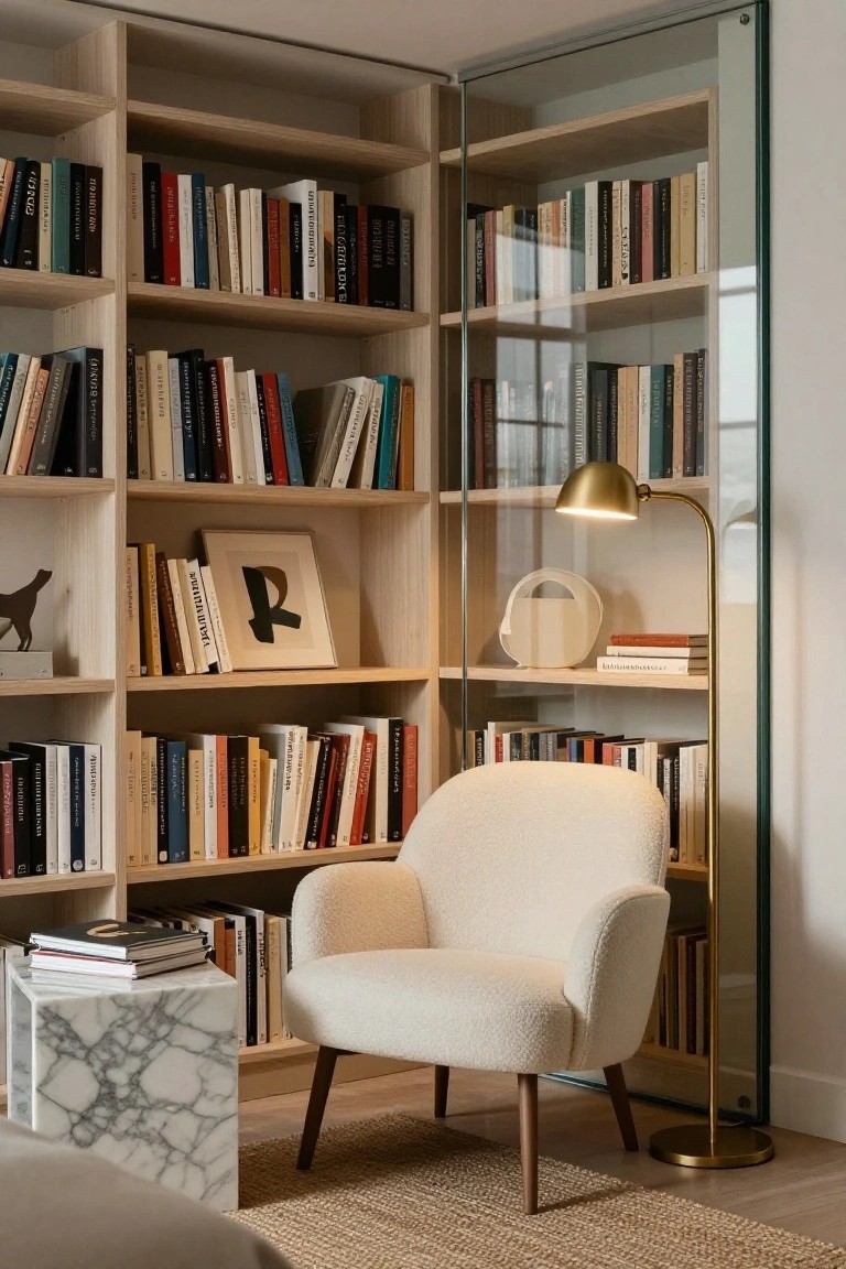 Light oak bookshelves along two walls filled with books frame a cream bouclé armchair next to a white marble cube side table, with a gold floor lamp, art, and seagrass rug in a modern interior corner.