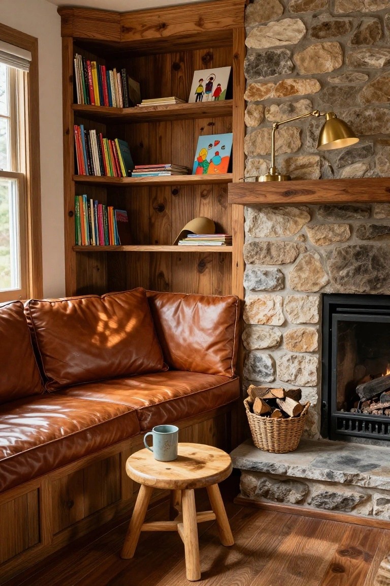 Corner indoor reading nook with wooden paneled bookshelves stocked with colorful books, brown leather bench seating, small wooden stool holding a blue mug, and stone fireplace with firewood basket.