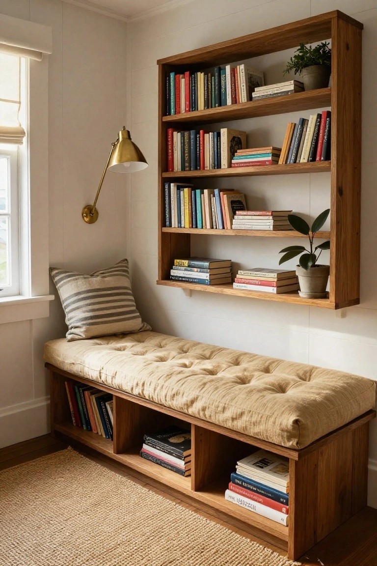 Wooden built-in bookshelf unit in room corner with tufted beige bench cushion, multiple shelves holding books and potted plants, brass wall lamp, striped pillow, and window with shade nearby.