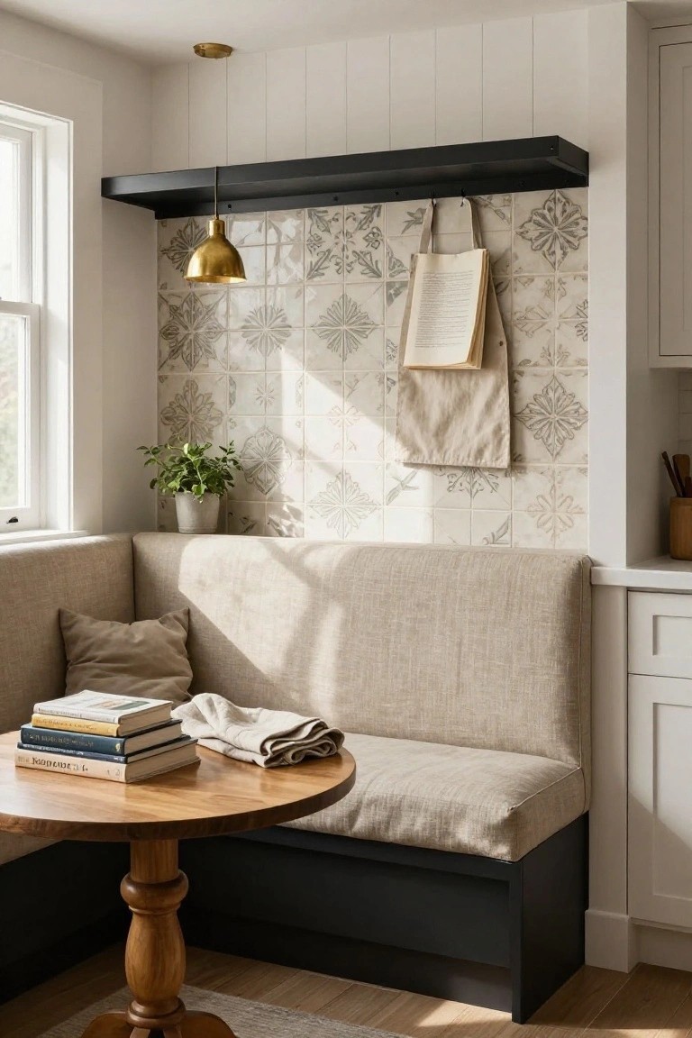 Beige corner bench with cushions and pillows beside a wooden round pedestal table holding stacked books and a linen cloth, set against a white wall with gray floral tiles, a potted plant, hanging tote bags, and gold pendant light in a sunlit kitchen nook.