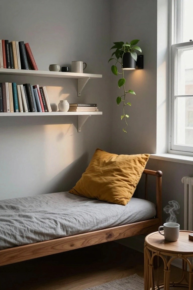 Gray interior corner with low wooden daybed covered in gray linens and mustard pillow next to a window, white floating shelves holding books and ceramics above, hanging potted plant on wall, and rattan side table with white mug.