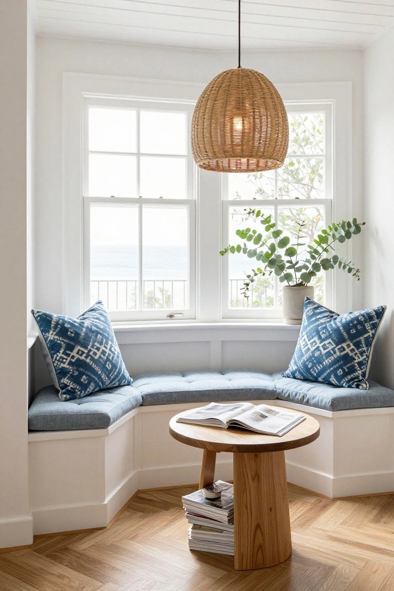 White built-in corner bench with blue patterned pillows and tufted gray cushion, small round wooden table with open magazine and stacked books, eucalyptus plant in white pot, large multipane windows overlooking ocean, rattan pendant light hanging above, herringbone wood floor.